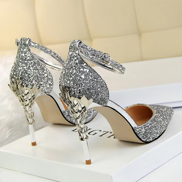 Sparkly Silver High Heels 2018 Cocktail Party Evening Party Prom 9 cm Heels Pointed Toe Ankle Strap Glitter Womens Shoes