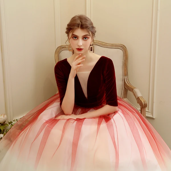 Chic / Beautiful Burgundy Gradient-Color Champagne Suede Prom Dresses 2020 Ball Gown Deep V-Neck 1/2 Sleeves Floor-Length / Long Ruffle Backless Formal Dresses
