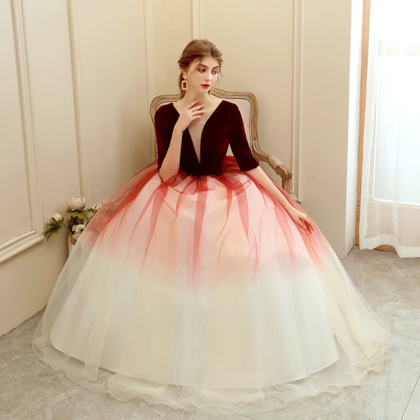 Chic / Beautiful Burgundy Gradient-Color Champagne Suede Prom Dresses 2020 Ball Gown Deep V-Neck 1/2 Sleeves Floor-Length / Long Ruffle Backless Formal Dresses