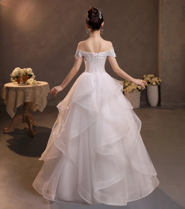 Affordable White Lace Flower Wedding Dresses 2022 Ball Gown Cascading Ruffles Off-The-Shoulder Short Sleeve Backless Floor-Length / Long Wedding