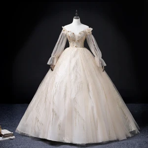 Elegante Champagner Perlenstickerei Pailletten Ballkleider 2022 Ballkleid Off Shoulder Lange Ärmel Rückenfreies Lange Ball Festliche Kleider