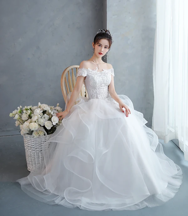 Affordable White Lace Flower Wedding Dresses 2022 Ball Gown Cascading Ruffles Off-The-Shoulder Short Sleeve Backless Floor-Length / Long Wedding
