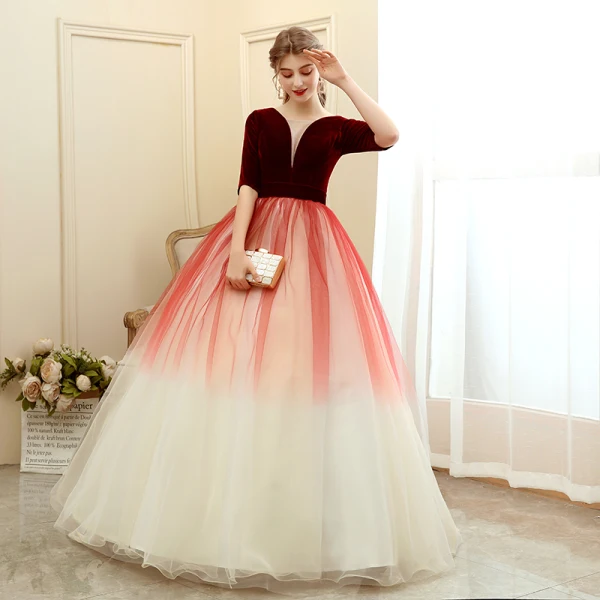 Chic / Beautiful Burgundy Gradient-Color Champagne Suede Prom Dresses 2020 Ball Gown Deep V-Neck 1/2 Sleeves Floor-Length / Long Ruffle Backless Formal Dresses