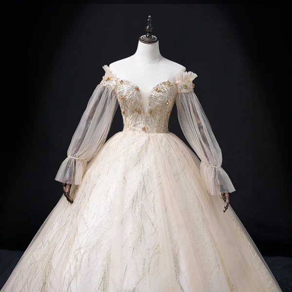 Elegant Champagne Beading Sequins Prom Dresses 2022 Ball Gown Off-The-Shoulder Long Sleeve Backless Floor-Length / Long Prom Formal Dresses