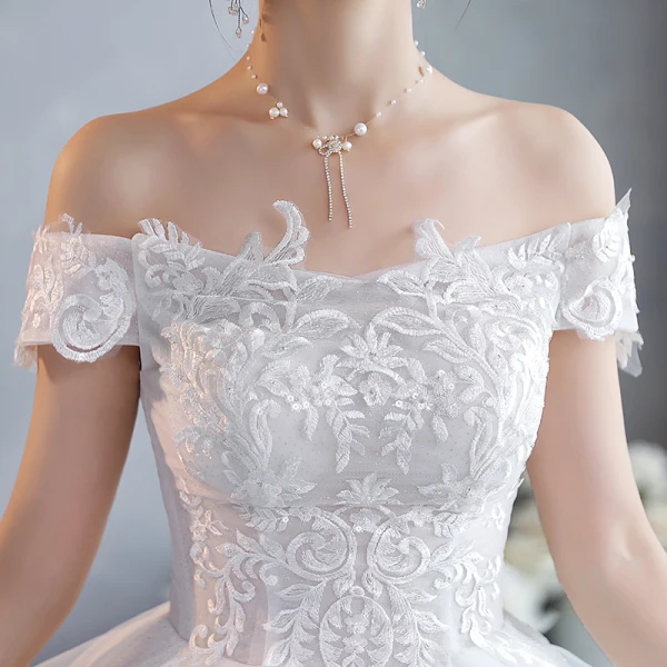 Affordable White Lace Flower Wedding Dresses 2022 Ball Gown Cascading Ruffles Off-The-Shoulder Short Sleeve Backless Floor-Length / Long Wedding