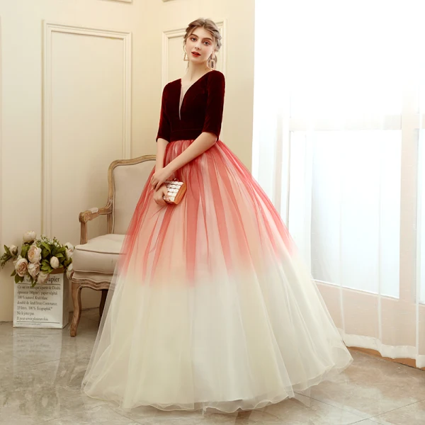 Chic / Beautiful Burgundy Gradient-Color Champagne Suede Prom Dresses 2020 Ball Gown Deep V-Neck 1/2 Sleeves Floor-Length / Long Ruffle Backless Formal Dresses
