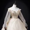 Elegant Champagne Beading Sequins Prom Dresses 2022 Ball Gown Off-The-Shoulder Long Sleeve Backless Floor-Length / Long Prom Formal Dresses