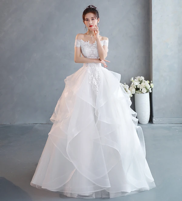 Affordable White Lace Flower Wedding Dresses 2022 Ball Gown Cascading Ruffles Off-The-Shoulder Short Sleeve Backless Floor-Length / Long Wedding