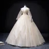 Elegant Champagne Beading Sequins Prom Dresses 2022 Ball Gown Off-The-Shoulder Long Sleeve Backless Floor-Length / Long Prom Formal Dresses