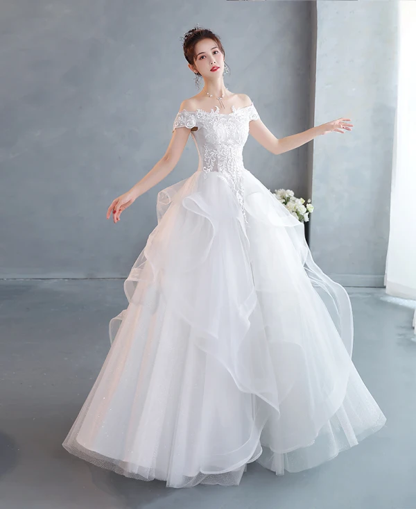 Affordable White Lace Flower Wedding Dresses 2022 Ball Gown Cascading Ruffles Off-The-Shoulder Short Sleeve Backless Floor-Length / Long Wedding