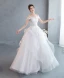 Affordable White Lace Flower Wedding Dresses 2022 Ball Gown Cascading Ruffles Off-The-Shoulder Short Sleeve Backless Floor-Length / Long Wedding