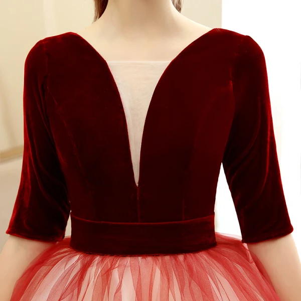 Chic / Beautiful Burgundy Gradient-Color Champagne Suede Prom Dresses 2020 Ball Gown Deep V-Neck 1/2 Sleeves Floor-Length / Long Ruffle Backless Formal Dresses