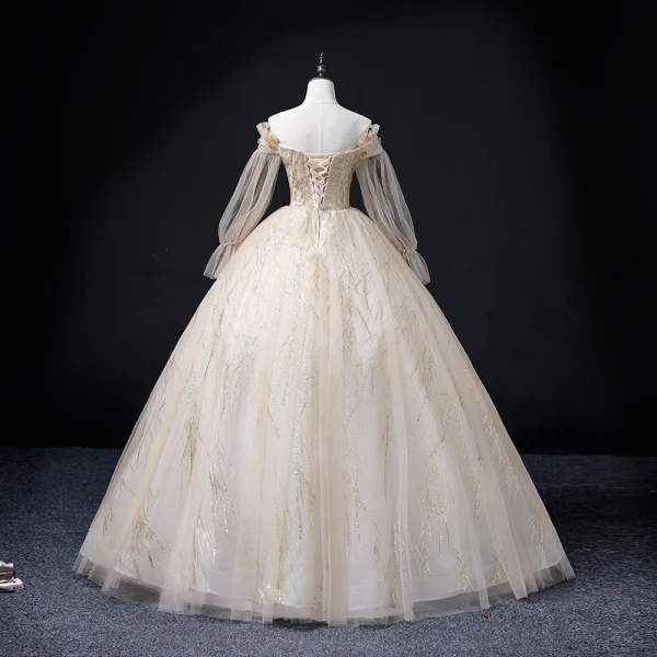 Elegant Champagne Beading Sequins Prom Dresses 2022 Ball Gown Off-The-Shoulder Long Sleeve Backless Floor-Length / Long Prom Formal Dresses