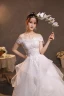 Affordable White Lace Flower Wedding Dresses 2022 Ball Gown Cascading Ruffles Off-The-Shoulder Short Sleeve Backless Floor-Length / Long Wedding