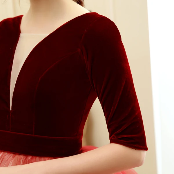 Chic / Beautiful Burgundy Gradient-Color Champagne Suede Prom Dresses 2020 Ball Gown Deep V-Neck 1/2 Sleeves Floor-Length / Long Ruffle Backless Formal Dresses