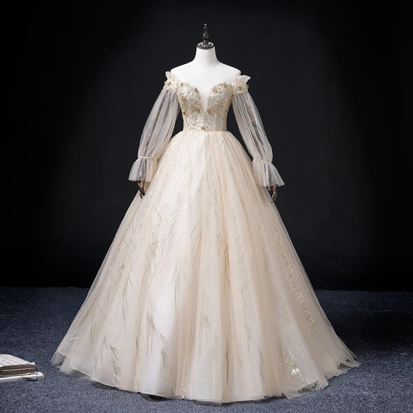 Elegant Champagne Beading Sequins Prom Dresses 2022 Ball Gown Off-The-Shoulder Long Sleeve Backless Floor-Length / Long Prom Formal Dresses