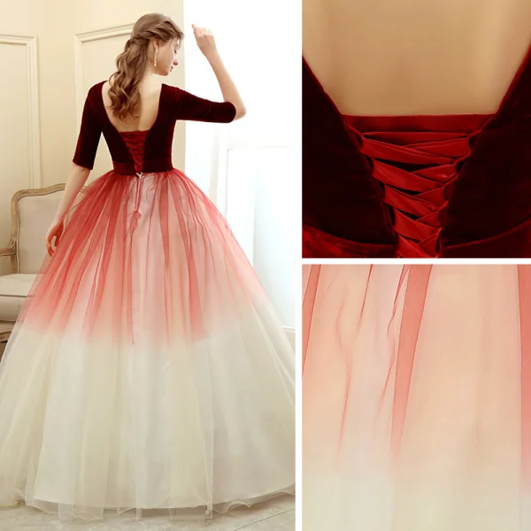 Chic / Beautiful Burgundy Gradient-Color Champagne Suede Prom Dresses 2020 Ball Gown Deep V-Neck 1/2 Sleeves Floor-Length / Long Ruffle Backless Formal Dresses