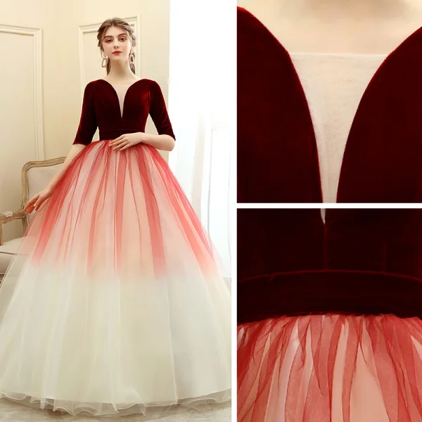 Chic / Beautiful Burgundy Gradient-Color Champagne Suede Prom Dresses 2020 Ball Gown Deep V-Neck 1/2 Sleeves Floor-Length / Long Ruffle Backless Formal Dresses