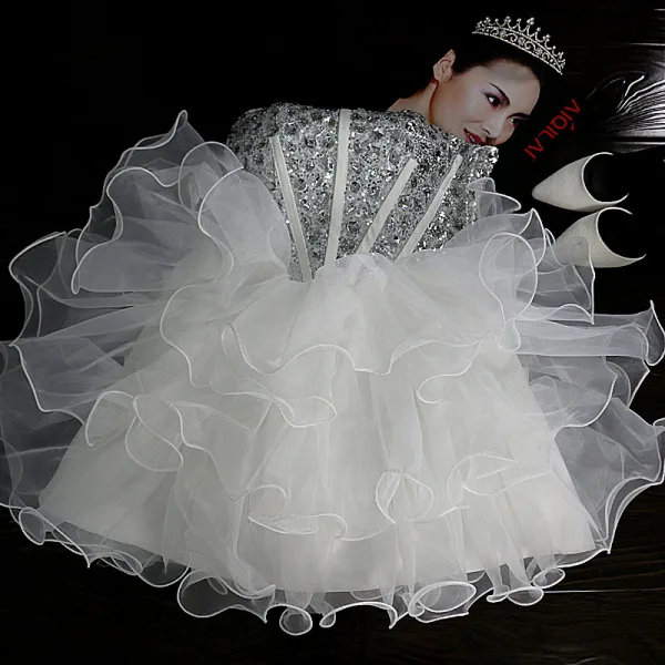 Bling Bling Elfenben Organza Cocktailkjoler 2018 Ballkjole Kjæreste Uten Ermer Ryggløse Rhinestone Korte Gripende Ruffles Formelle Kjoler