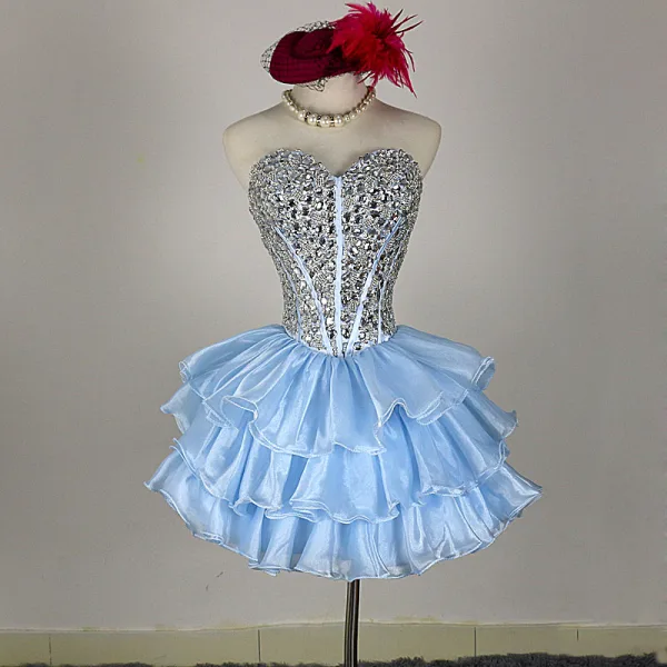 Bling Bling Elfenben Organza Cocktailkjoler 2018 Ballkjole Kjæreste Uten Ermer Ryggløse Rhinestone Korte Gripende Ruffles Formelle Kjoler