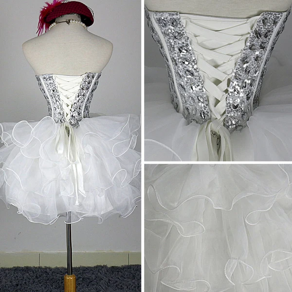 Bling Bling Elfenben Organza Cocktailkjoler 2018 Ballkjole Kjæreste Uten Ermer Ryggløse Rhinestone Korte Gripende Ruffles Formelle Kjoler