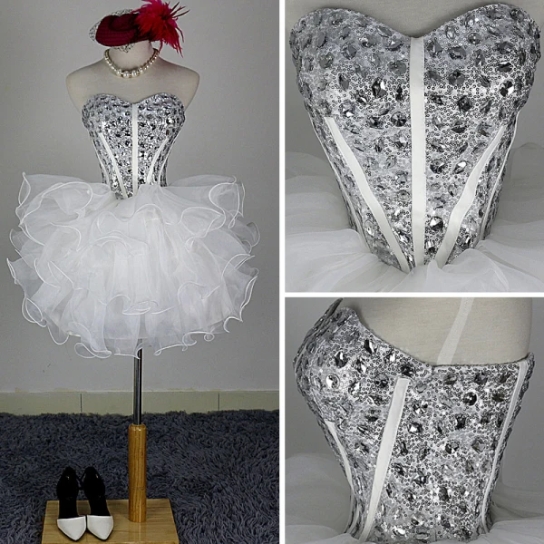 Bling Bling Elfenben Organza Cocktailkjoler 2018 Ballkjole Kjæreste Uten Ermer Ryggløse Rhinestone Korte Gripende Ruffles Formelle Kjoler