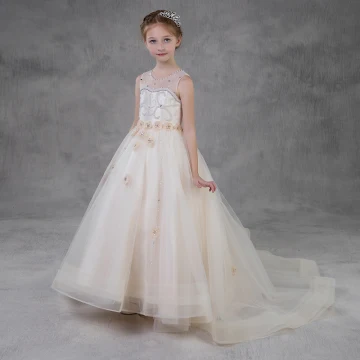 Elegant Champagne See Through Flower Girl Dresses 2018 A Line Princess Scoop Neck Sleeveless Appliques Flower Pearl Rhinestone Court Train Ruffle Wedding Party Dresses