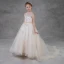 Elegant Champagne See-through Flower Girl Dresses 2018 A-Line / Princess Scoop Neck Sleeveless Appliques Flower Pearl Rhinestone Court Train Ruffle Wedding Party Dresses