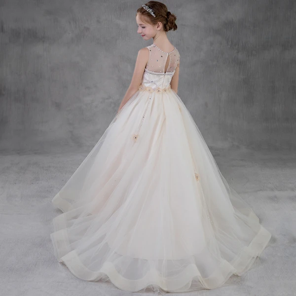Elegant Champagne See-through Flower Girl Dresses 2018 A-Line / Princess Scoop Neck Sleeveless Appliques Flower Pearl Rhinestone Court Train Ruffle Wedding Party Dresses