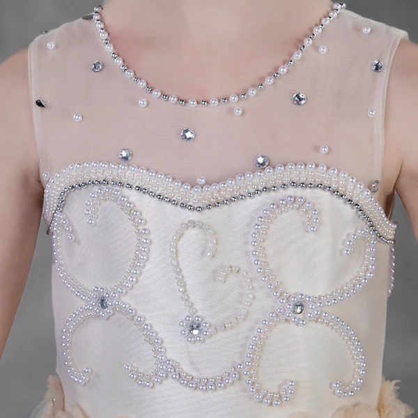Elegant Champagne See-through Flower Girl Dresses 2018 A-Line / Princess Scoop Neck Sleeveless Appliques Flower Pearl Rhinestone Court Train Ruffle Wedding Party Dresses