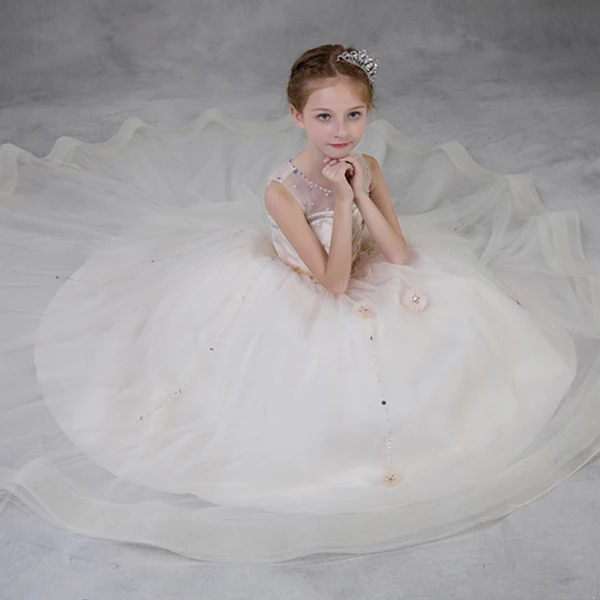 Elegant Champagne See-through Flower Girl Dresses 2018 A-Line / Princess Scoop Neck Sleeveless Appliques Flower Pearl Rhinestone Court Train Ruffle Wedding Party Dresses