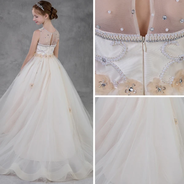 Elegant Champagne See-through Flower Girl Dresses 2018 A-Line / Princess Scoop Neck Sleeveless Appliques Flower Pearl Rhinestone Court Train Ruffle Wedding Party Dresses
