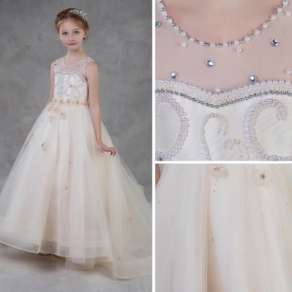 Elegant Champagne See-through Flower Girl Dresses 2018 A-Line / Princess Scoop Neck Sleeveless Appliques Flower Pearl Rhinestone Court Train Ruffle Wedding Party Dresses