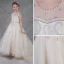 Elegant Champagne See-through Flower Girl Dresses 2018 A-Line / Princess Scoop Neck Sleeveless Appliques Flower Pearl Rhinestone Court Train Ruffle Wedding Party Dresses