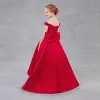 Modest / Simple Red Flower Girl Dresses 2018 A-Line / Princess Off-The-Shoulder Short Sleeve Backless Bow Sweep Train Ruffle Wedding Party Dresses
