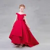Simple Rouge Robe Ceremonie Fille 2018 Princesse De l'épaule Manches Courtes Dos Nu Noeud Train De Balayage Volants Robe Pour Mariage