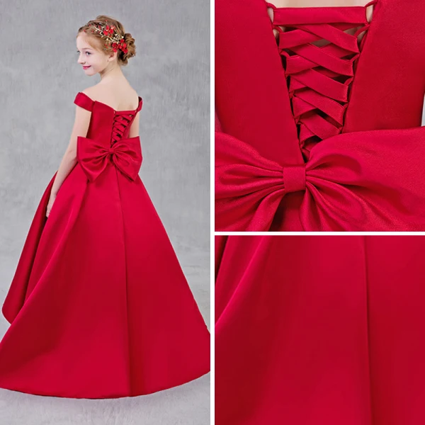 Simple Rouge Robe Ceremonie Fille 2018 Princesse De l'épaule Manches Courtes Dos Nu Noeud Train De Balayage Volants Robe Pour Mariage