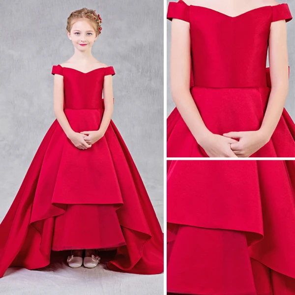 Simple Rouge Robe Ceremonie Fille 2018 Princesse De l'épaule Manches Courtes Dos Nu Noeud Train De Balayage Volants Robe Pour Mariage
