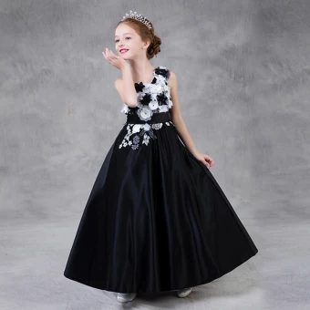 Chic Belle Noire Robe Ceremonie Fille 2018 Princesse Une Épaule Sans Manches Appliques Fleur Perle Faux Diamant Brodé Ceinture Longue Volants Dos Nu Robe De Mariée