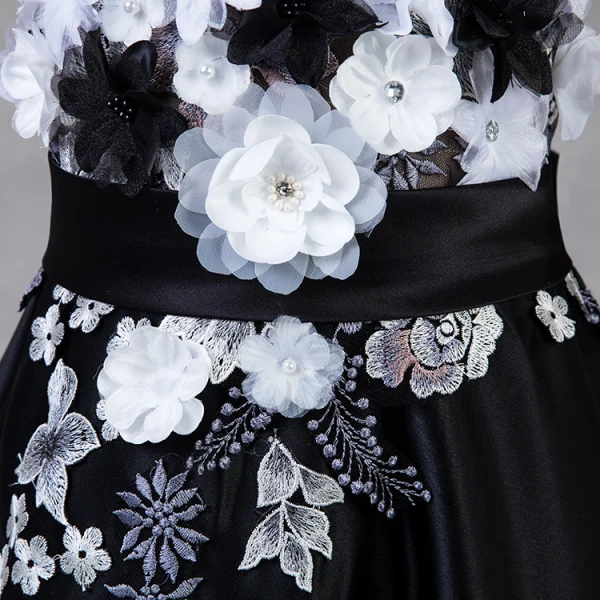Chic / Belle Noire Robe Ceremonie Fille 2018 Princesse Une épaule Sans Manches Appliques Fleur Perle Faux Diamant Brodé Ceinture Longue Volants Dos Nu Robe De Mariée