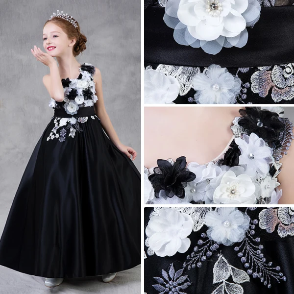 Chic / Belle Noire Robe Ceremonie Fille 2018 Princesse Une épaule Sans Manches Appliques Fleur Perle Faux Diamant Brodé Ceinture Longue Volants Dos Nu Robe De Mariée