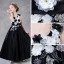 Chic / Belle Noire Robe Ceremonie Fille 2018 Princesse Une épaule Sans Manches Appliques Fleur Perle Faux Diamant Brodé Ceinture Longue Volants Dos Nu Robe De Mariée