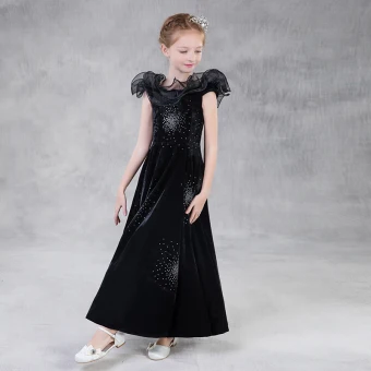 Modest Simple Black Suede Flower Girl Dresses 2018 A Line Princess Square Neckline Sleeveless Glitter Rhinestone Floor Length Long Backless Wedding Party Dresses