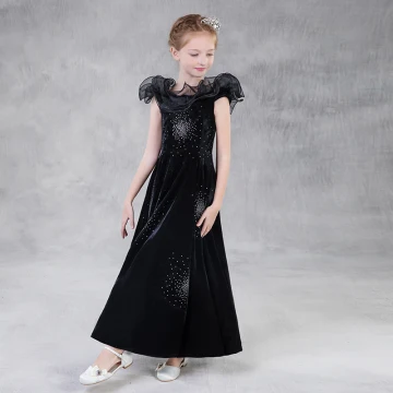 Modest Simple Black Suede Flower Girl Dresses 2018 A Line Princess Square Neckline Sleeveless Glitter Rhinestone Floor Length Long Backless Wedding Party Dresses