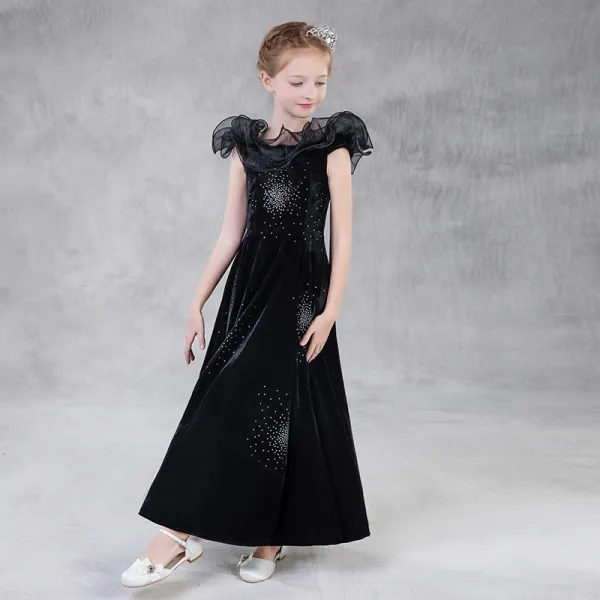 Modest / Simple Black Suede Flower Girl Dresses 2018 A-Line / Princess Square Neckline Sleeveless Glitter Rhinestone Floor-Length / Long Backless Wedding Party Dresses