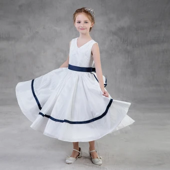 Modest Simple White Flower Girl Dresses 2018 A Line Princess V Neck Sleeveless Sash Tea Length Ruffle Wedding Party Dresses