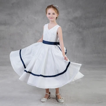 Modest Simple White Flower Girl Dresses 2018 A Line Princess V Neck Sleeveless Sash Tea Length Ruffle Wedding Party Dresses