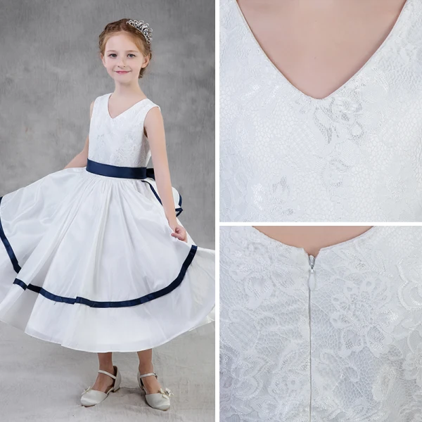 Simple Blanche Robe Ceremonie Fille 2018 Princesse V-Cou Sans Manches Ceinture Thé Longueur Volants Robe Pour Mariage