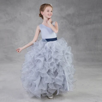 Chic Beautiful Silver Organza Flower Girl Dresses 2018 Ball Gown Amazing Unique Shoulders Sleeveless Sequins Beading Sash Floor Length Long Cascading Ruffles Wedding Party Dresses