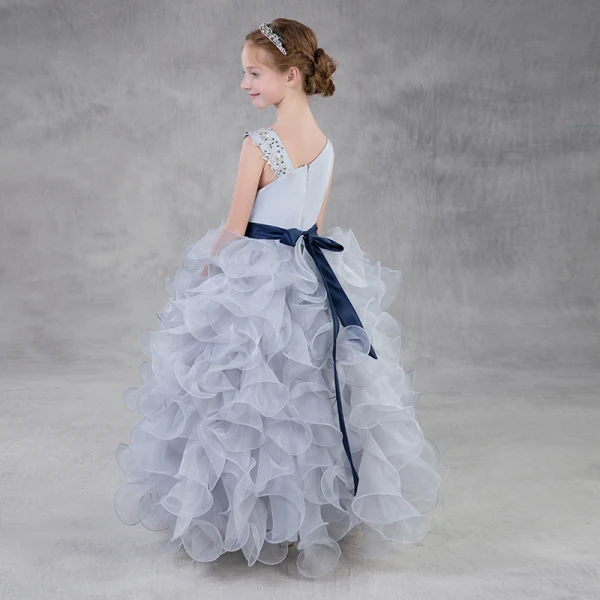 Chic / Beautiful Silver Organza Flower Girl Dresses 2018 Ball Gown Amazing / Unique Shoulders Sleeveless Sequins Beading Sash Floor-Length / Long Cascading Ruffles Wedding Party Dresses